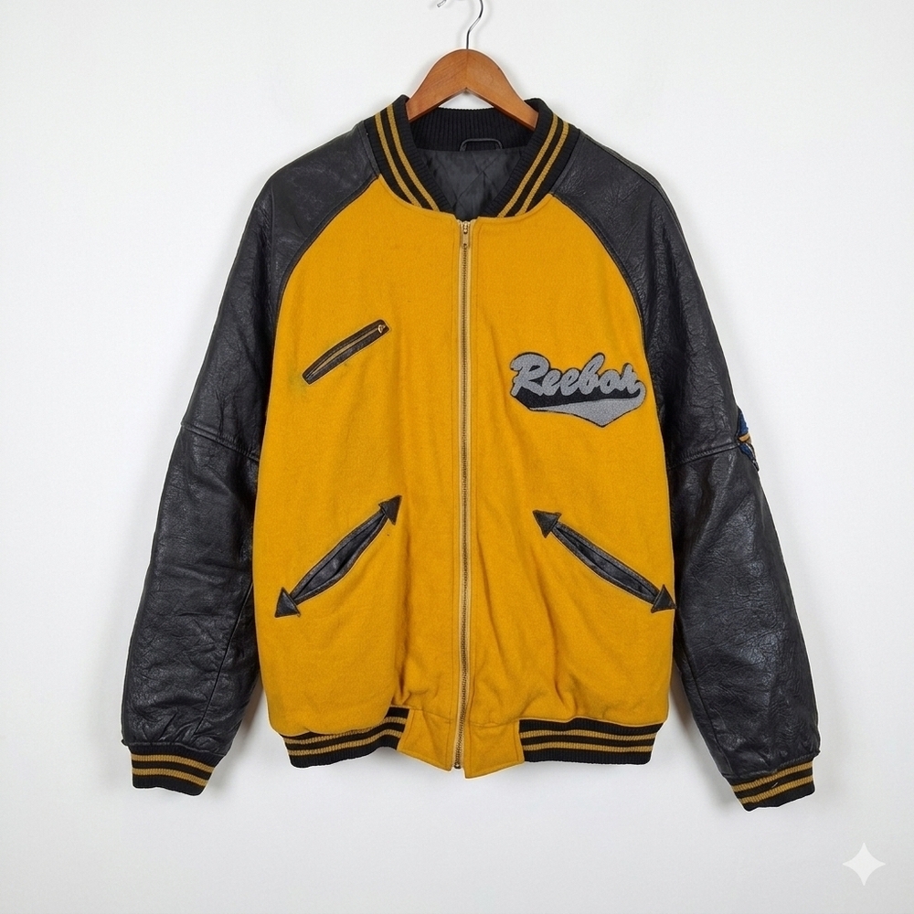 Vintage 80s Reebok Tennis Open Varsity Leather Sleeves Wool Yellow Jacket
